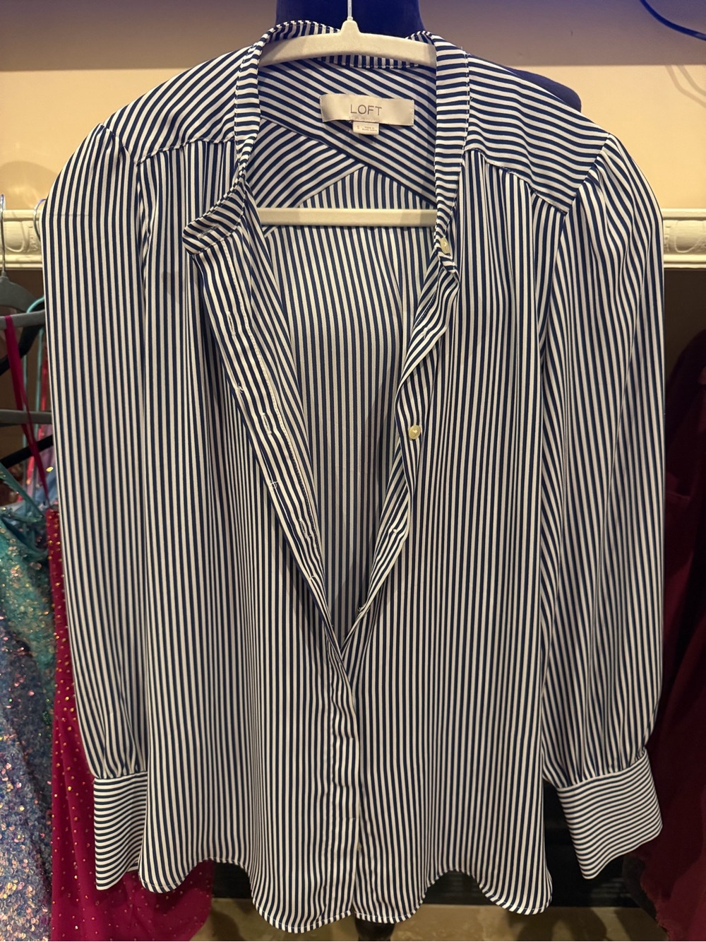 LOFT Navy and White Vertical-Stripe Shirt Jacket
